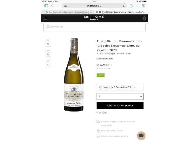 Vends LOT de 6 bouteilles de Beaune 1er cru Clos des mouches 2020 Albert Bichot Domaine du Pavillon - photo 4